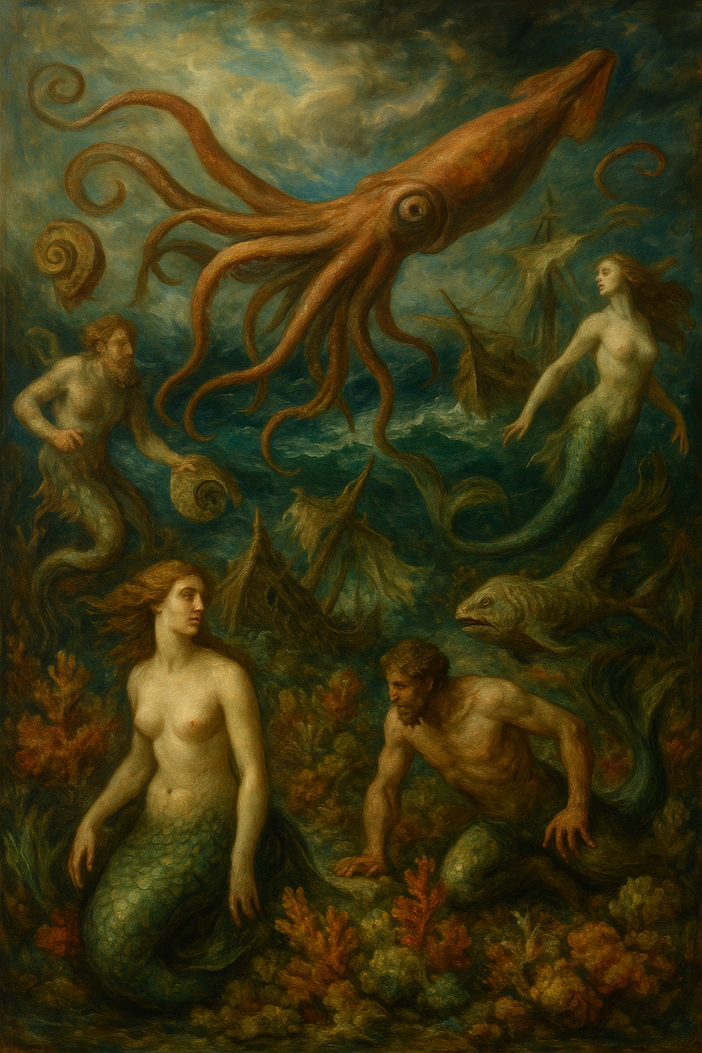 rough seas, squid, and mythical sea ceatures